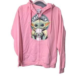 Pink Novelty Hoodie Zip up Baby Yoda Grogu Mandalorian Starbucks - Size Medium
